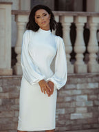 Elegant Beige Midi Dress with Puff Sleeves