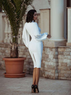 Elegant Beige Midi Dress with Puff Sleeves